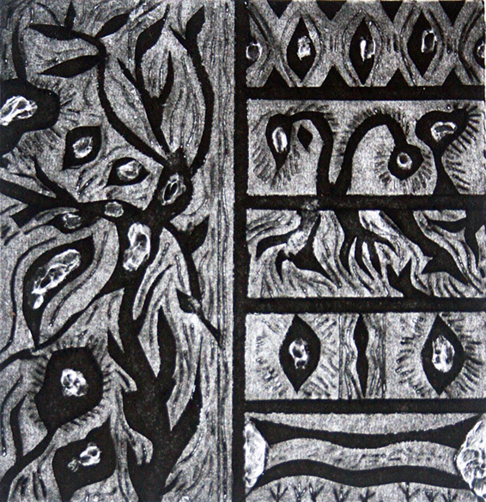 Black and white collagraph print with floral imagery.
