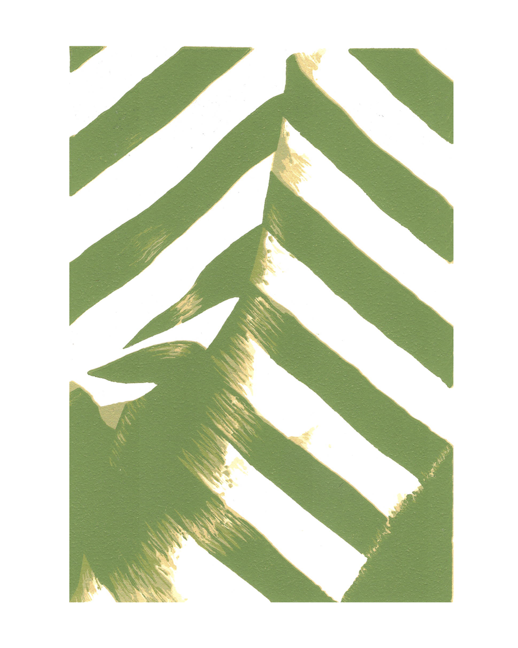 Reduction linocut print of a fabric with olive green stripes.
